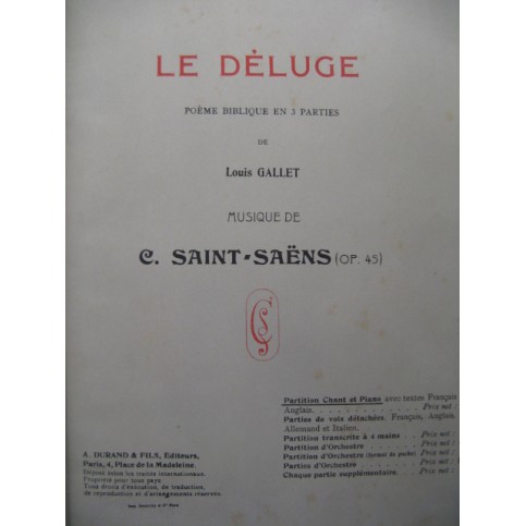 SAINT-SAËNS Camille Le Déluge Opera ca1890