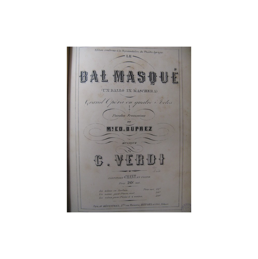 VERDI Giuseppe Le Bal Masqué Opéra ca1883