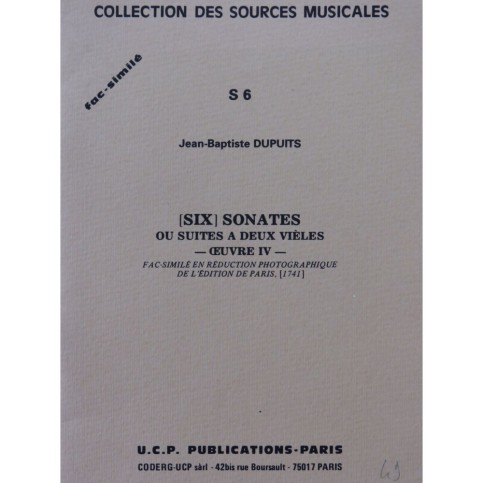 DUPUITS Jean-Baptiste Six Sonates ou Suite à deux Vièles