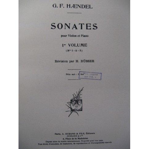 HAENDEL G. F. Sonates Violon Piano