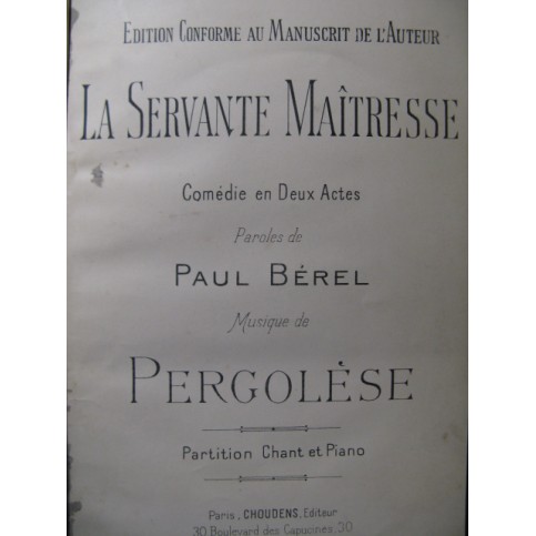 PERGOLÈSE LA Servante Maîtresse Opera ca1900