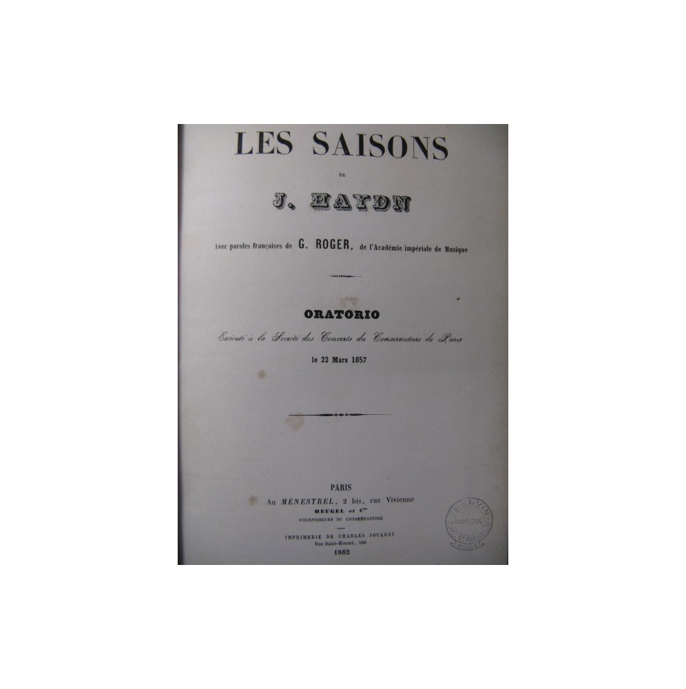 HAYDN Joseph Les Saisons Opéra 1862