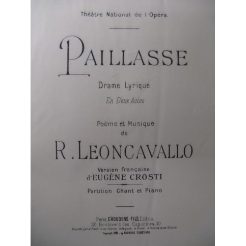LEONCAVALLO Ruggero Paillase Chant Piano 1902