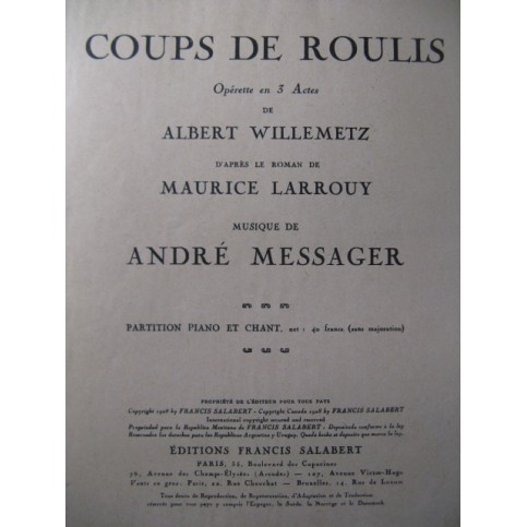 MESSAGER André Coups de Roulis Opera 1928