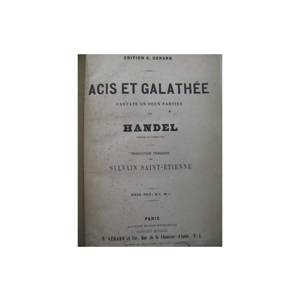 HAENDEL G. F. Acis et Galathée Chant Piano 1866