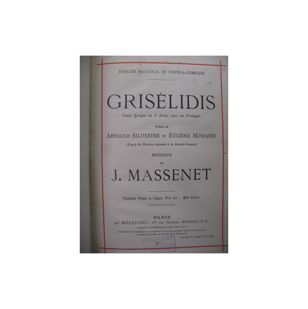 MASSENET Jules Grisélidis Chant Piano 1901