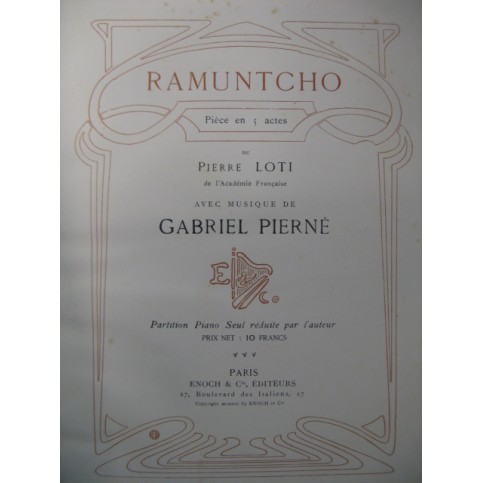 PIERNÉ Gabriel Ramuntcho Piano 1908