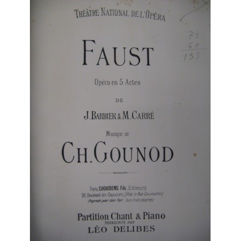 GOUNOD Charles Faust Piano Chant ca1863