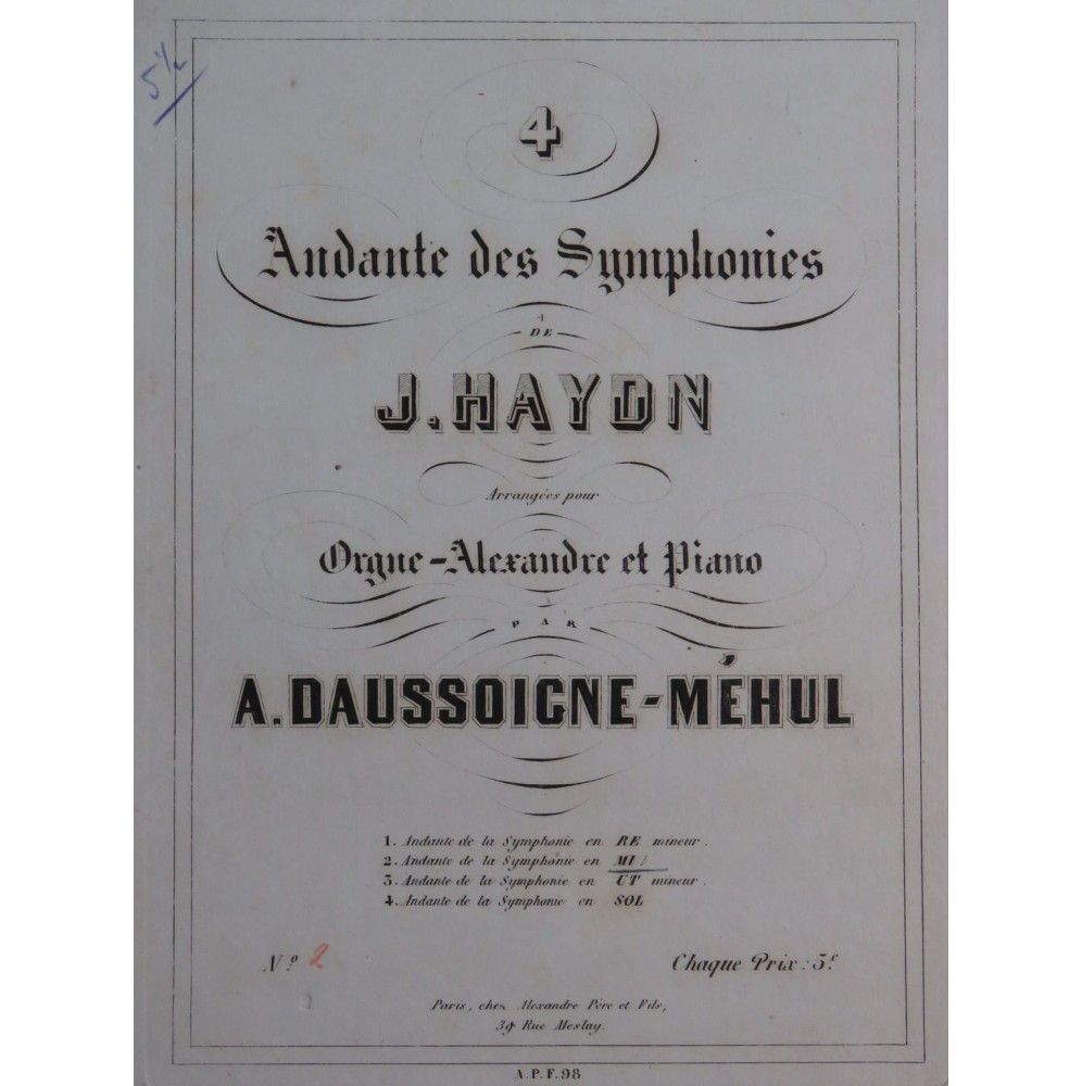 DAUSSOIGNE-MÉHUL A. Andante Symphonie Mib Piano Orgue ca1860