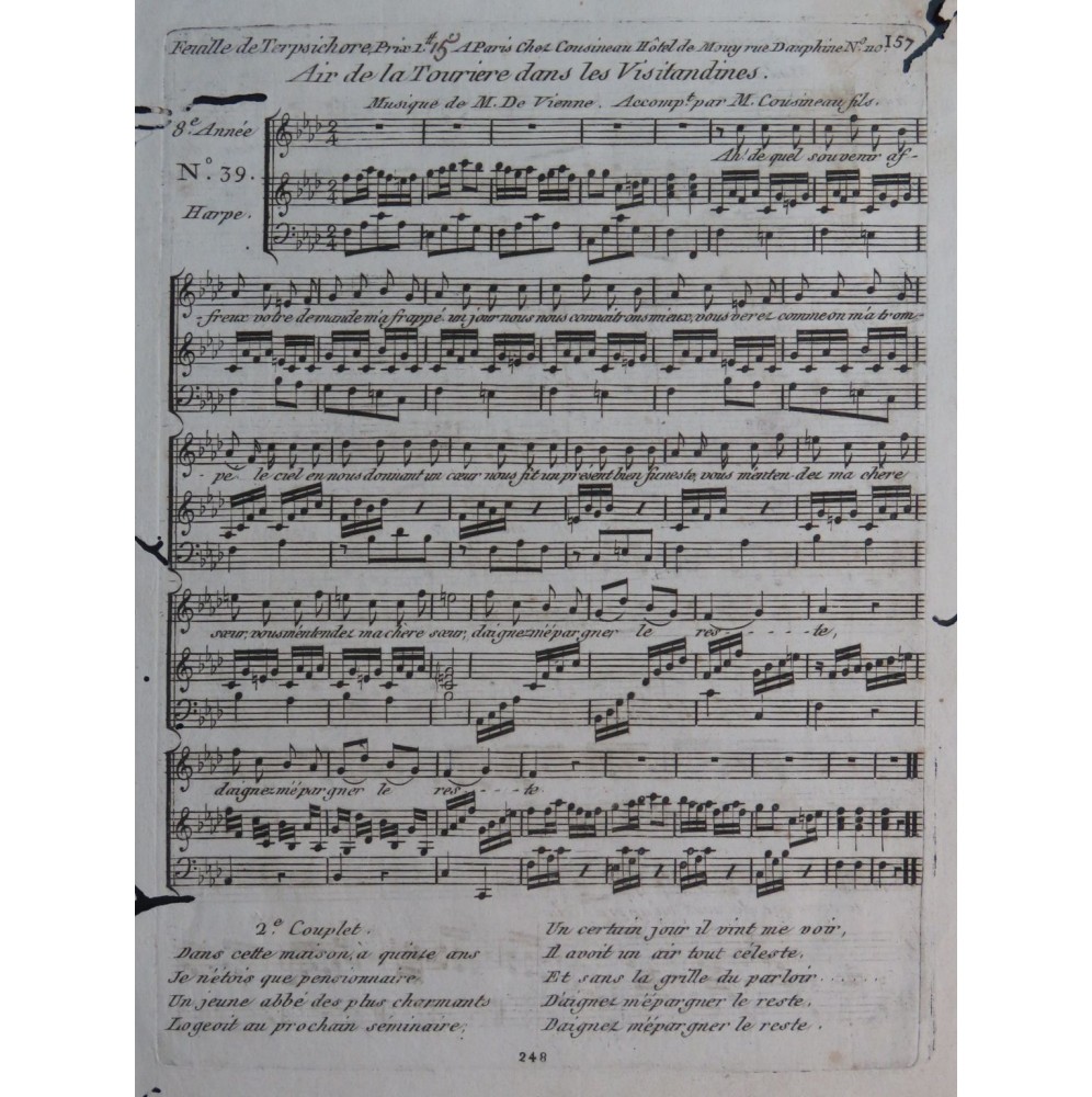DEVIENNE François Air des Visitandines Chant Piano ou Harpe ca1795
