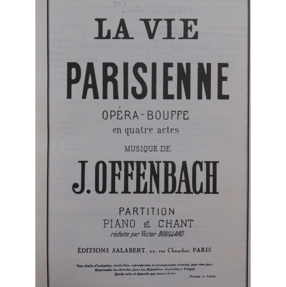 OFFENBACH Jacques La Vie Parisienne Opéra Chant Piano 1981
