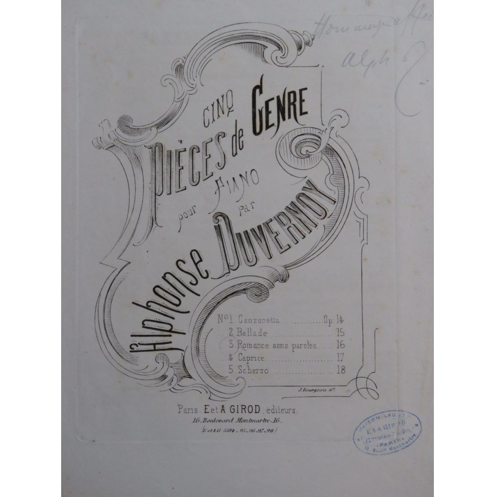 DUVERNOY Henry Romance sans paroles Dédicace Piano ca1875