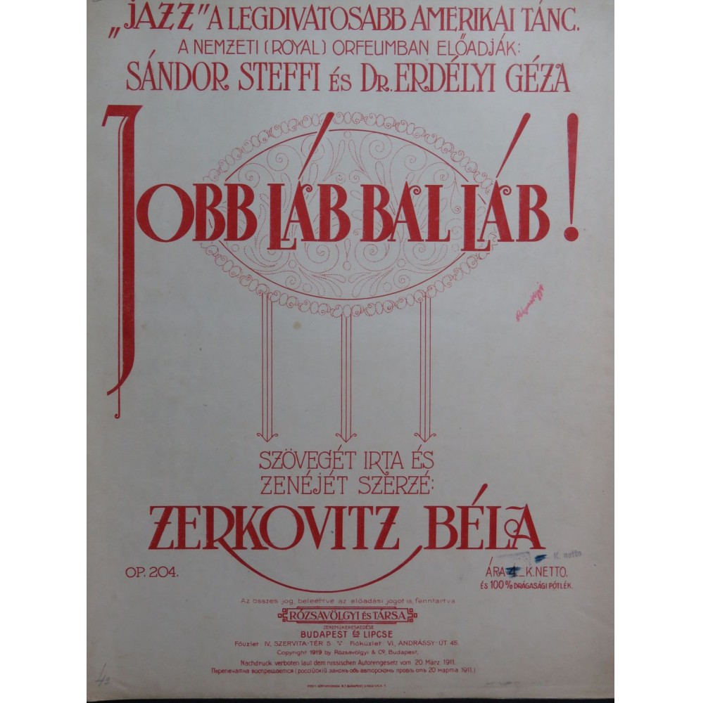 ZERKOVITZ Béla Jobb Lab, Bal Lab ! Piano Chant 1919