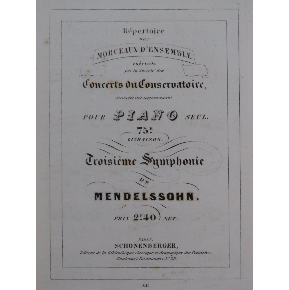 MENDELSSOHN Symphonie No 3 Piano XIXe
