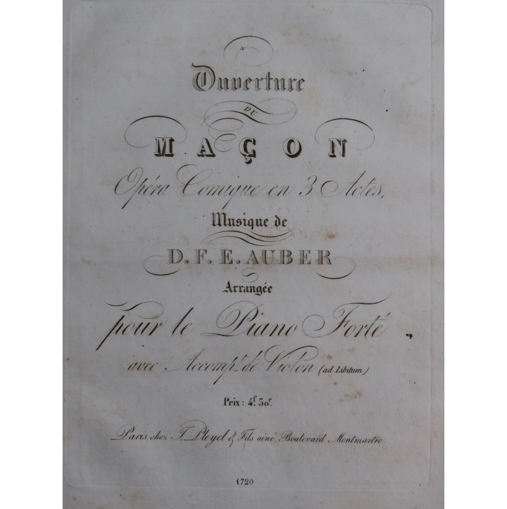 AUBER D. F. E. Le Maçon Ouverture Piano ca1825
