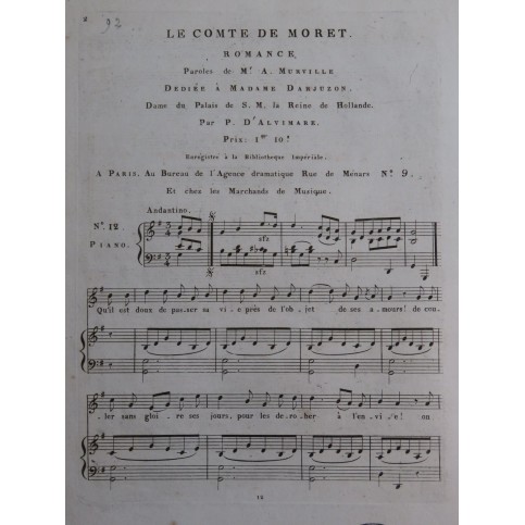 D'ALVIMARE Martin Pierre Le Conte de Moret Chant Piano ca1820