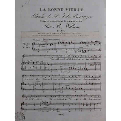 WILHEM Bocquillon Louis La Bonne Vieille Chant Piano ou Harpe ca1820