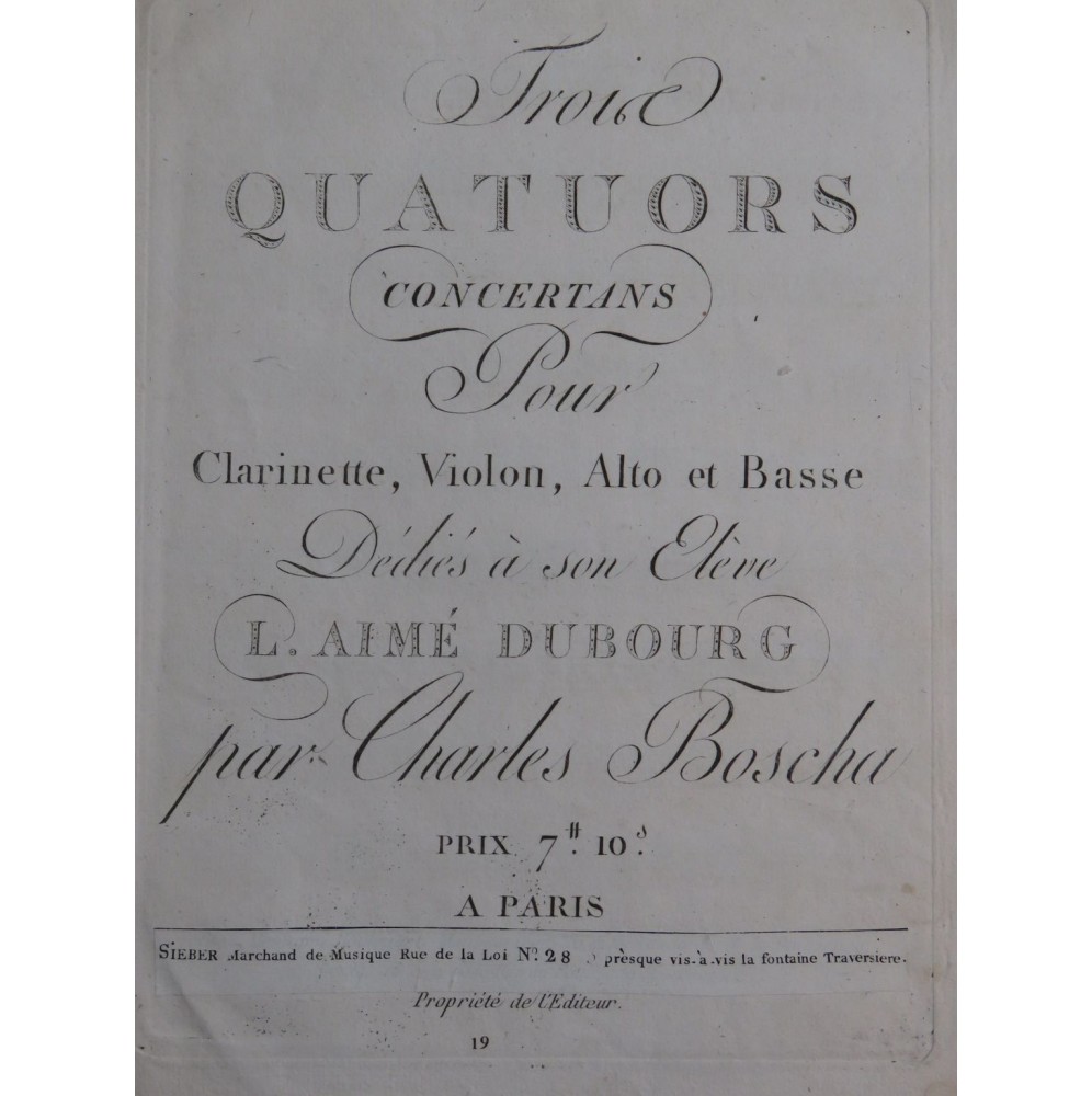BOSCHA Charles Trois Quatuors Clarinette Violoncelle ca1820