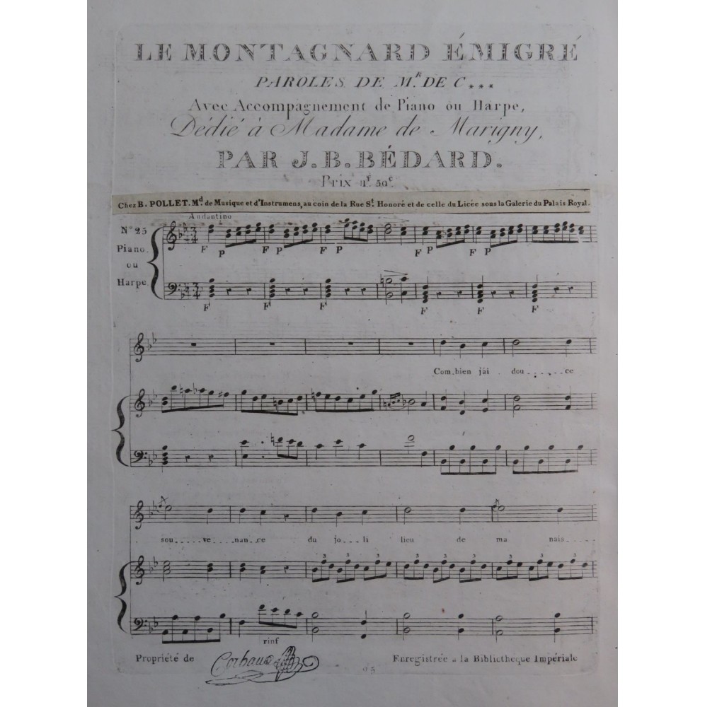 BÉDARD J. B. Le Montagnard Émigré Chant Piano ou Harpe ca1820