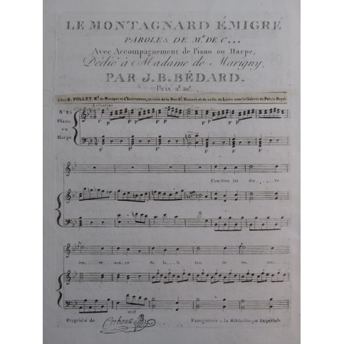 BÉDARD J. B. Le Montagnard Émigré Chant Piano ou Harpe ca1820