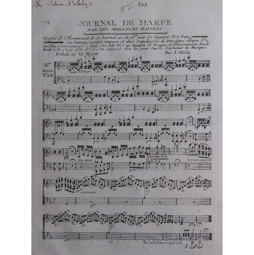ELOUIS John Prélude en Ut Mineur Harpe ca1790