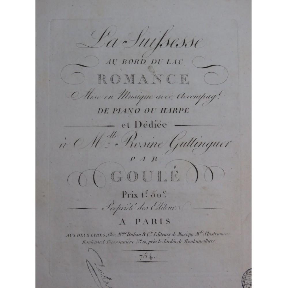 GOULÉ Jacques-Nicolas La Suissesse au Bord du Lac Chant Piano ou Harpe ca1811