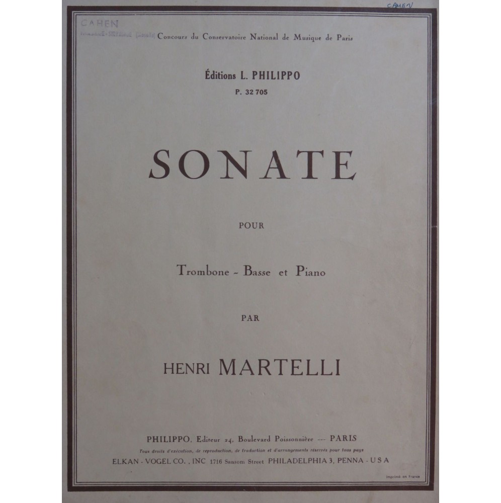 MARTELLI Henri Sonate Piano Trombone Basse