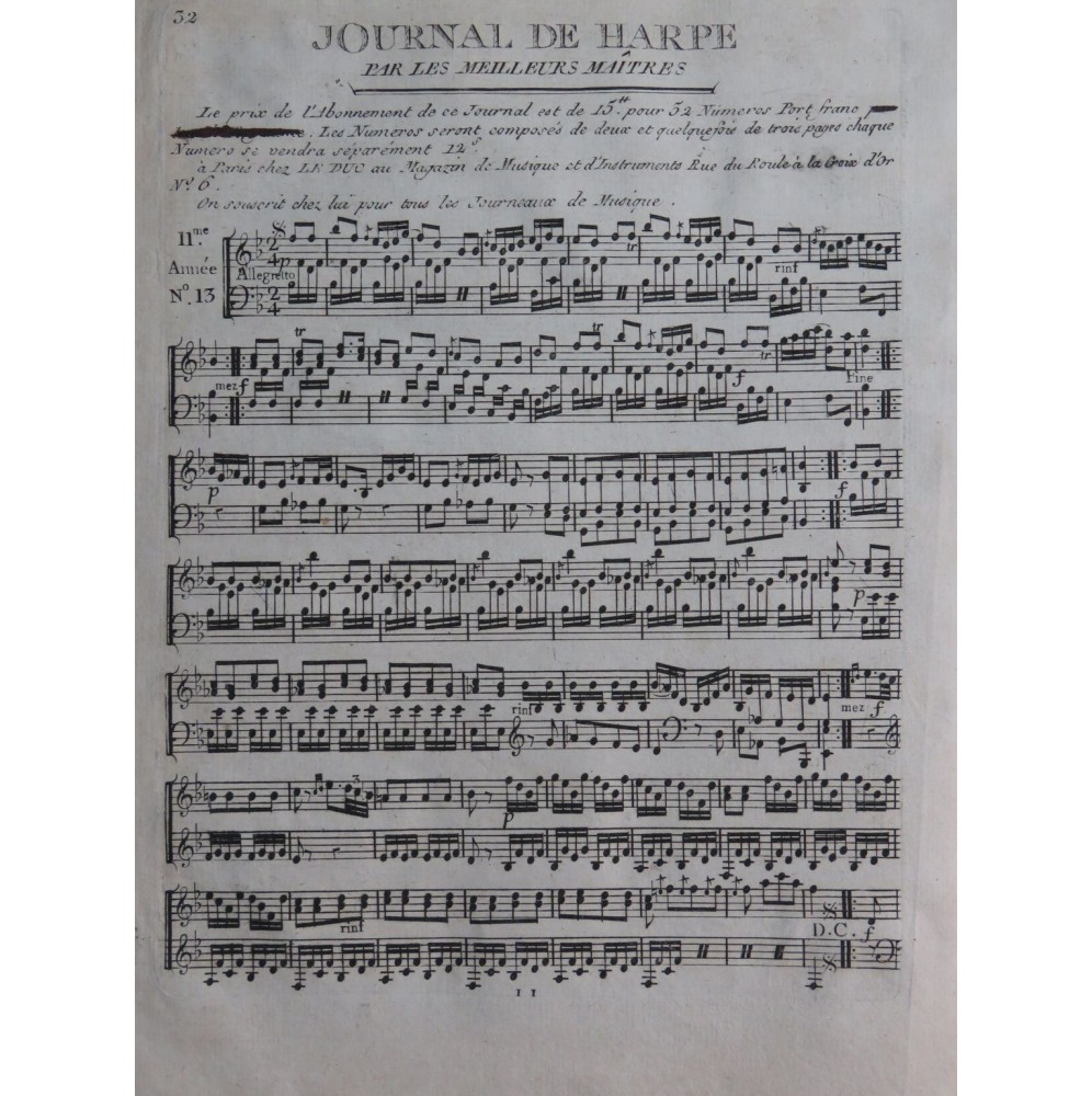 Journal de Harpe Pièce pour Harpe ca1795