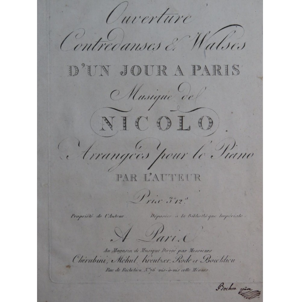 ISOUARD Nicolo Un Jour à Paris Ouverture Contredanses Piano ca1810