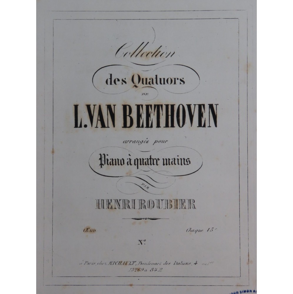 BEETHOVEN Quatuor op 18 No 5 La Majeur Piano 4 mains ca1860
