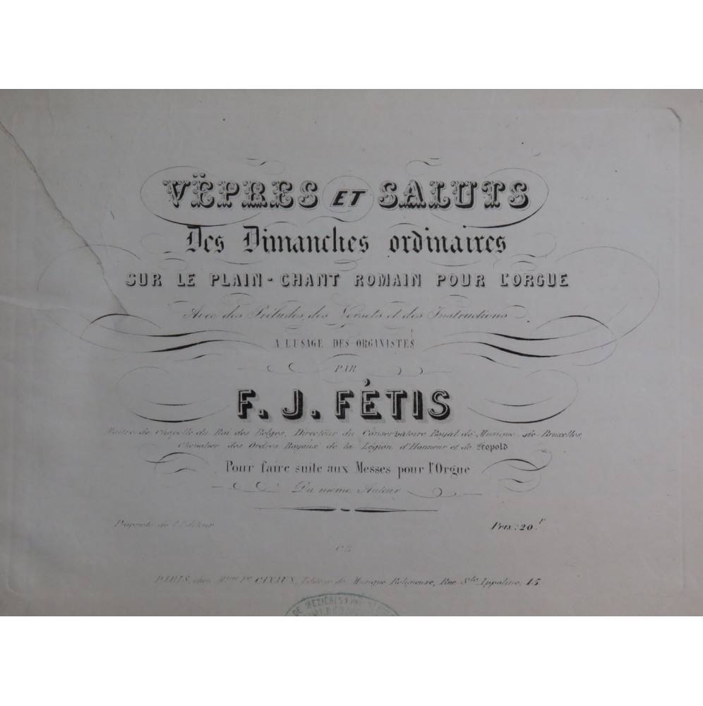 FÉTIS François-Joseph Vêpres et Saluts des Dimanches Orgue XIXe