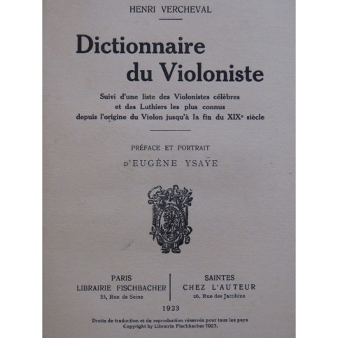 VERCHEVAL Henri Dictionnaire du Violoniste 1923