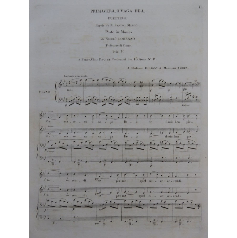 LORENZO Nicolo Primavera O Vaga Dea Chant Piano ca1840