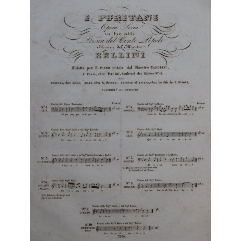BELLINI Vincenzo I Puritani No 5 Chant Piano ca1840
