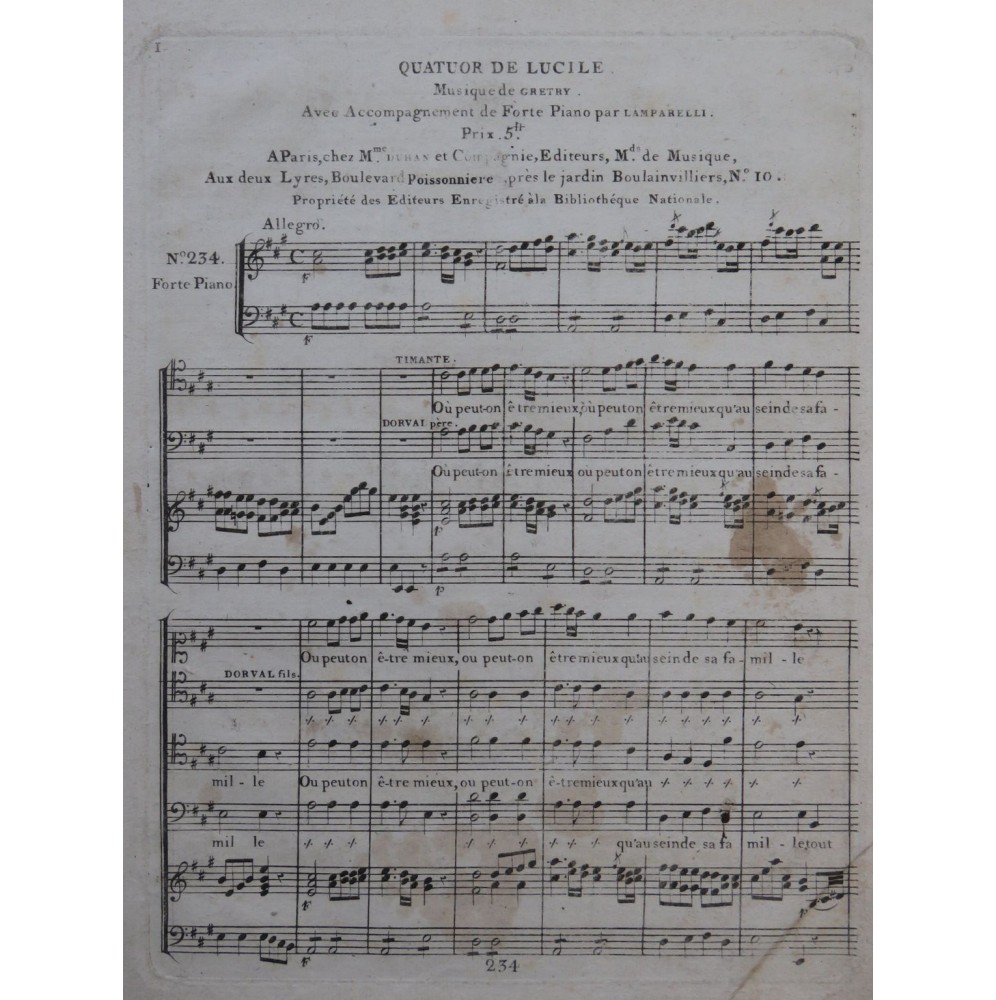 GRÉTRY André Quatuor de Lucile Chant Piano ca1810