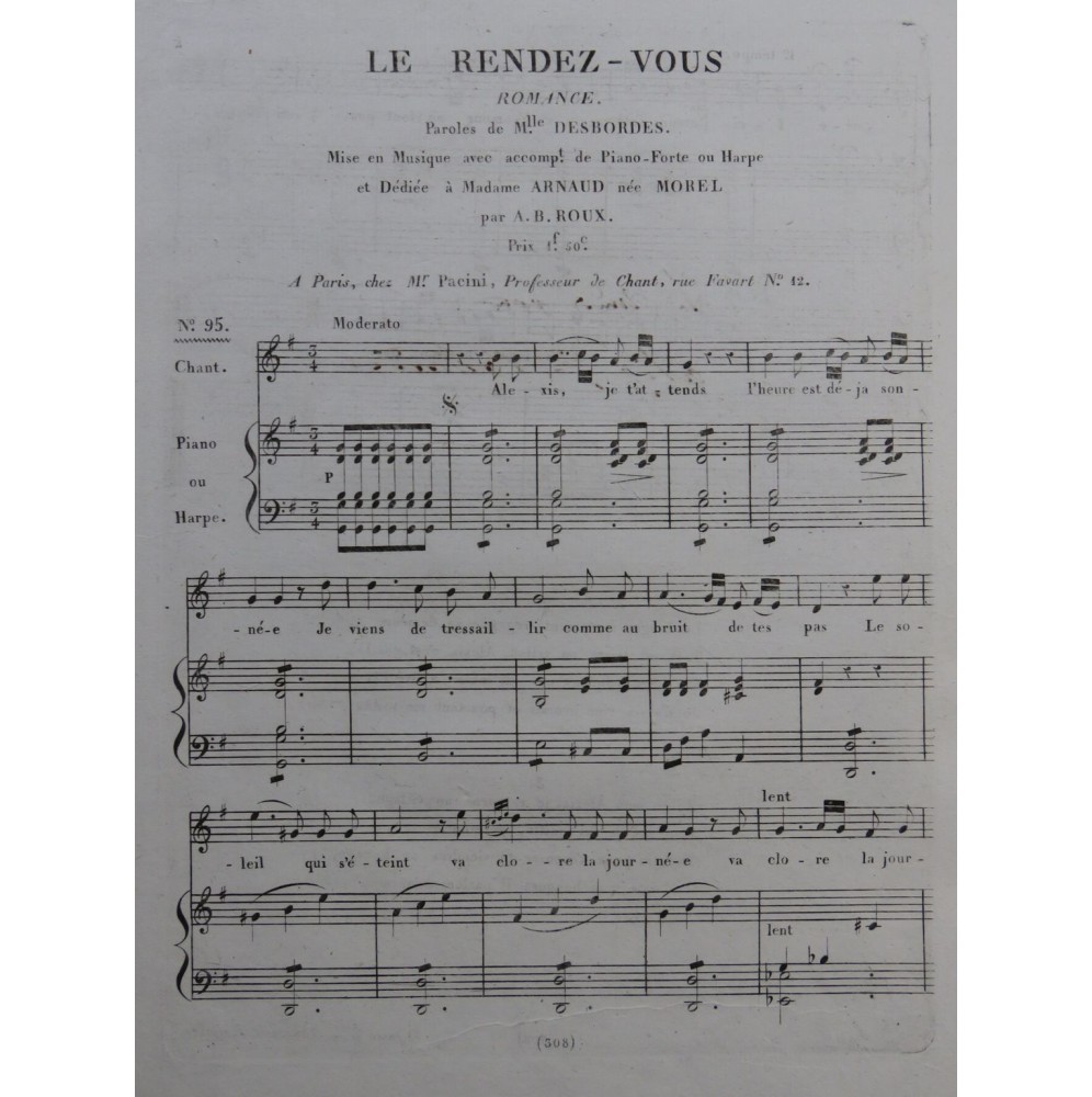 ROUX A. B. Le Rendez-vous Chant Piano ou Harpe ca1820