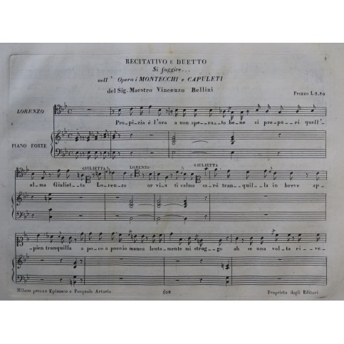 BELLINI Vincenzo I Montecchi e Capuleti Recitativo Chant Piano ca1830
