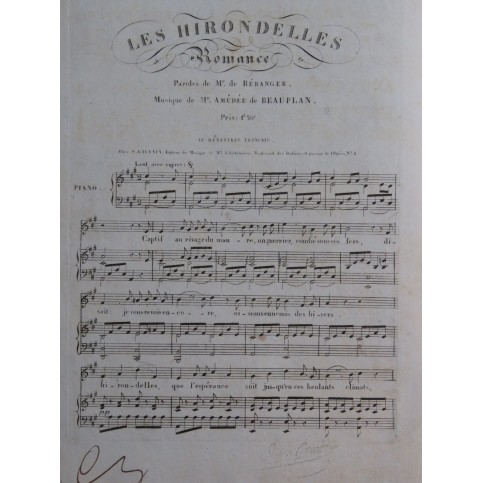 DE BEAUPLAN Amédée Les Hirondelles Chant Piano ca1830
