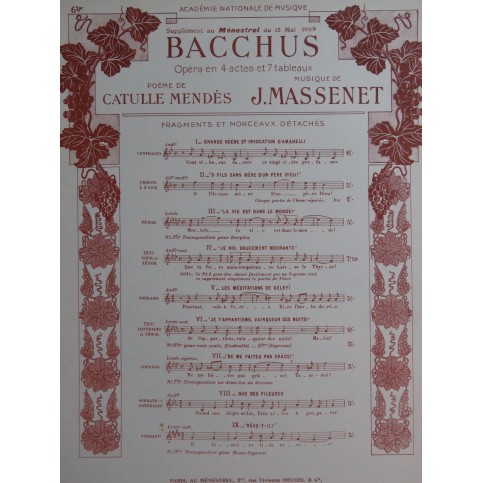 MASSENET Jules Bacchus No 6 Ter Chant Piano 1909