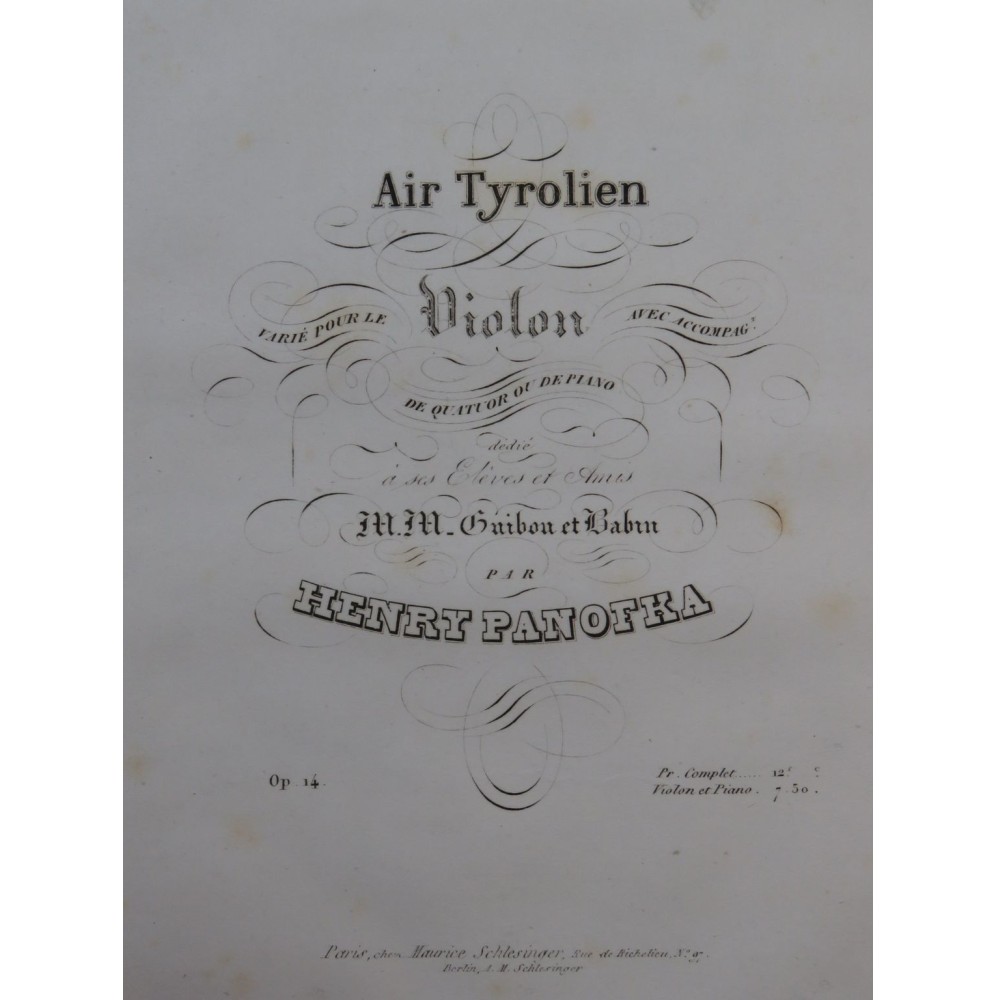 PANOFKA Henry Air Tyrolien Varié op 14 Piano Violon 1837