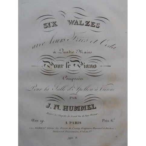 HUMMEL J. N. Six Valses op 91 Piano 4 mains ca1825