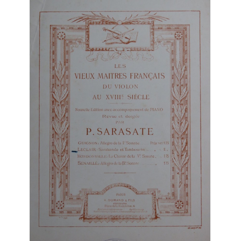 LECLAIR Jean-Marie Sarabande et Tambourin Piano Violon ca1890