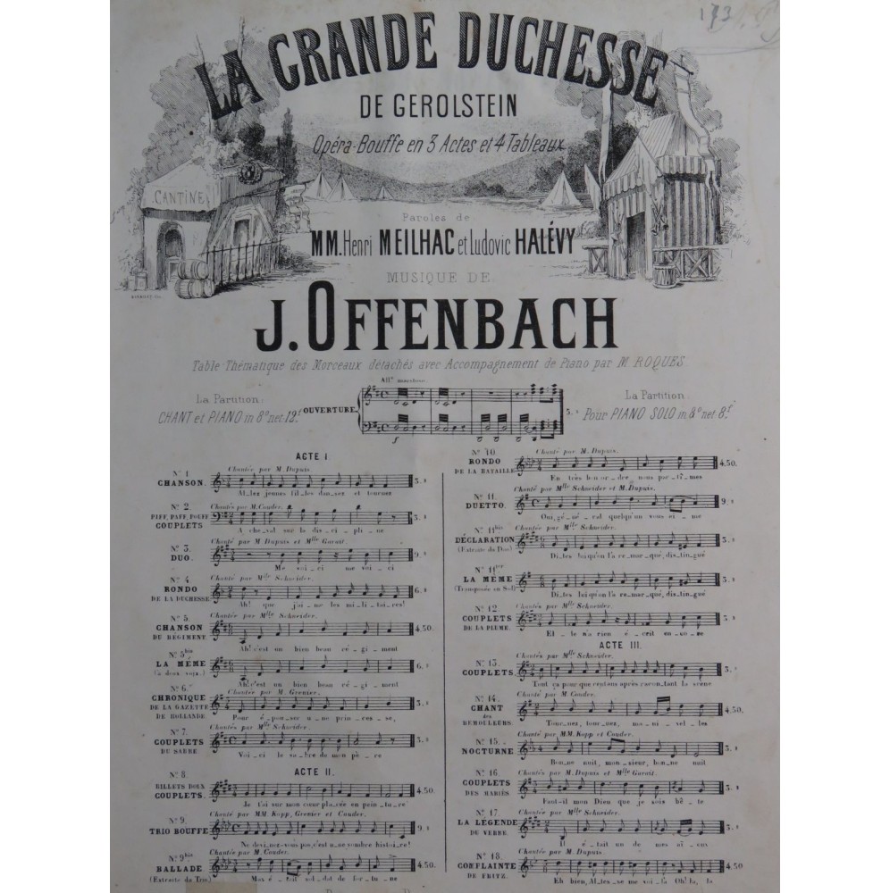 OFFENBACH Jacques La Grande Duchesse No 11 Chant Piano ca1867