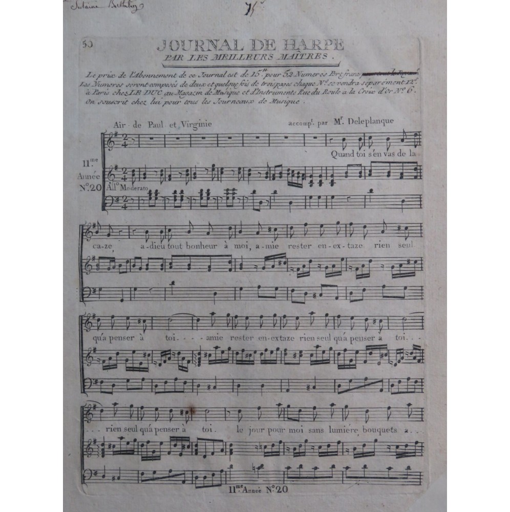 DELEPLANQUE Air de Paul et Virginie Chant Harpe ca1790