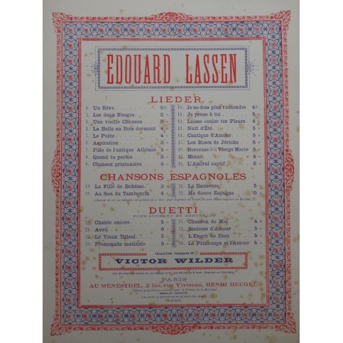 LASSEN Edouard Chanson de Mai Chant Piano 1885