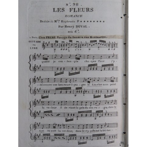 DUVAL Henry Les Fleurs Romance Chant Guitare ca1810