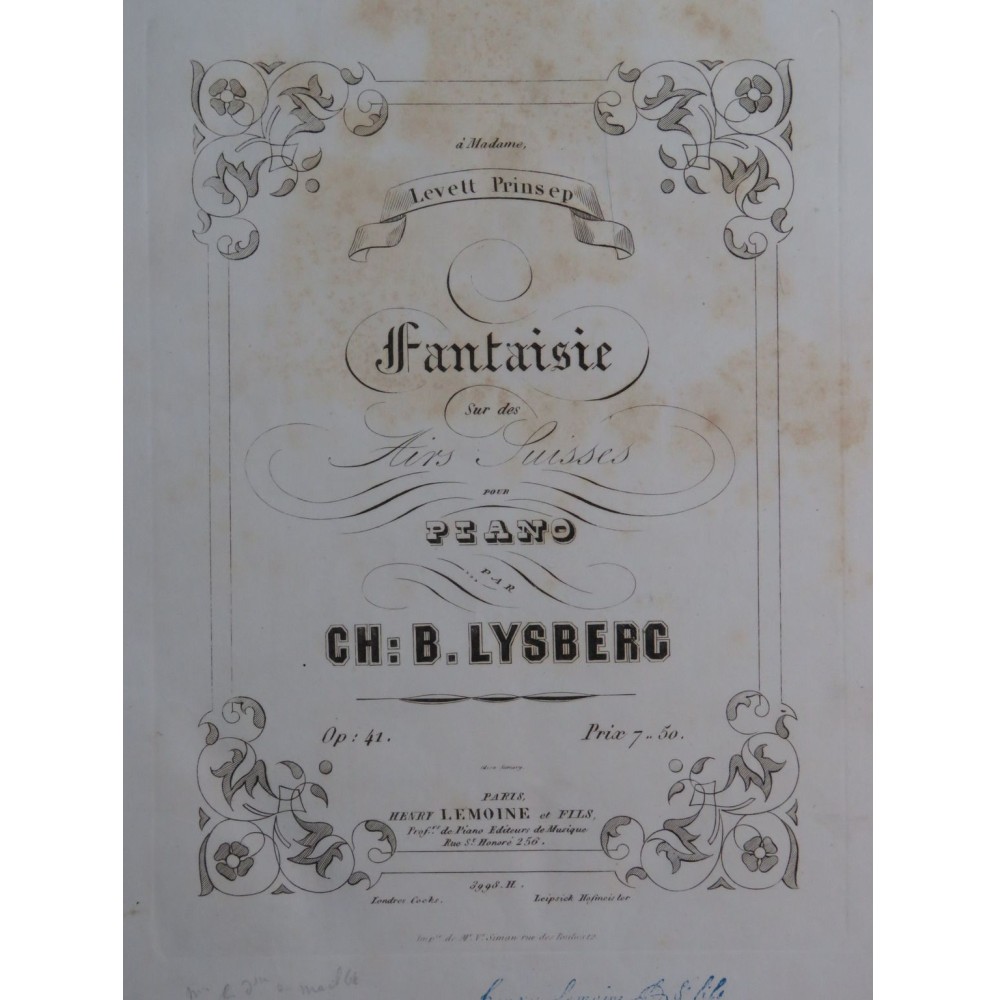 LYSBERG Ch. B. Fantaisie sur des Airs Suisses Piano 1854