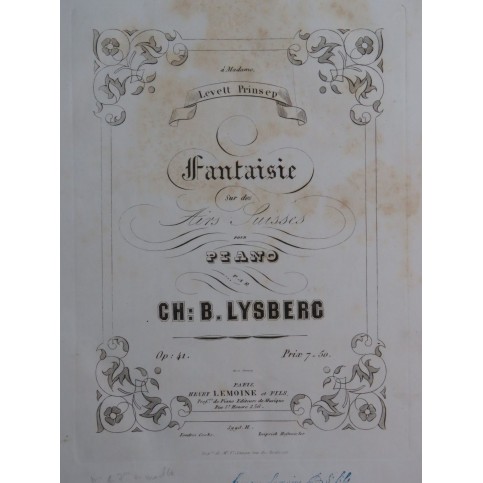 LYSBERG Ch. B. Fantaisie sur des Airs Suisses Piano 1854