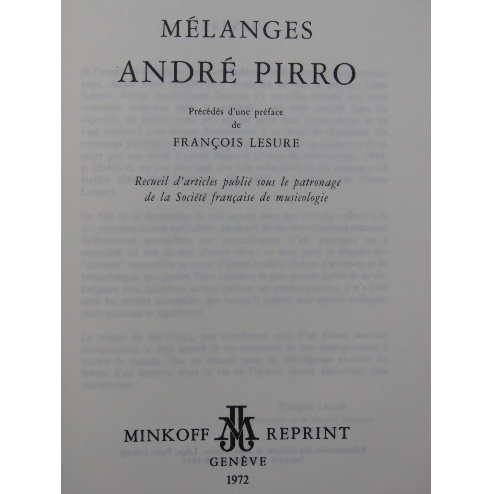 PIRRO André Mélanges Recueil d'Articles 1972