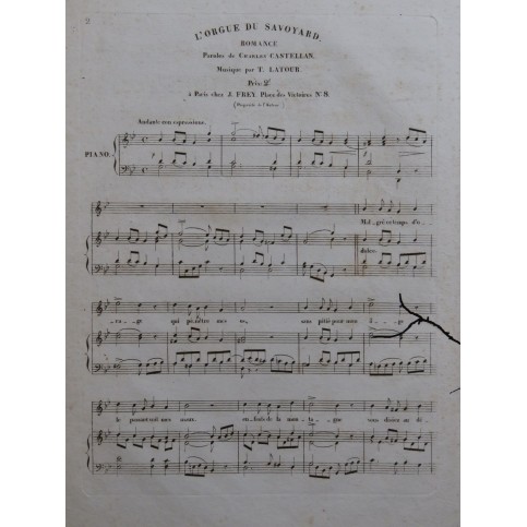 LATOUR T. L'Orgue du Savoyard Romance Chant Piano ca1820
